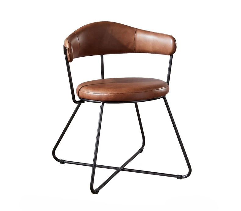 Nordic medieval style leather round chair iron creative dining chair industrial style designer retro backrest study armchair