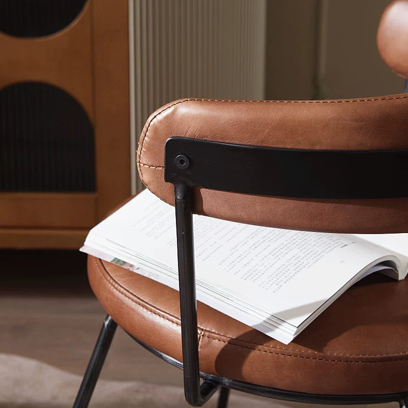 Nordic medieval style leather round chair iron creative dining chair industrial style designer retro backrest study armchair