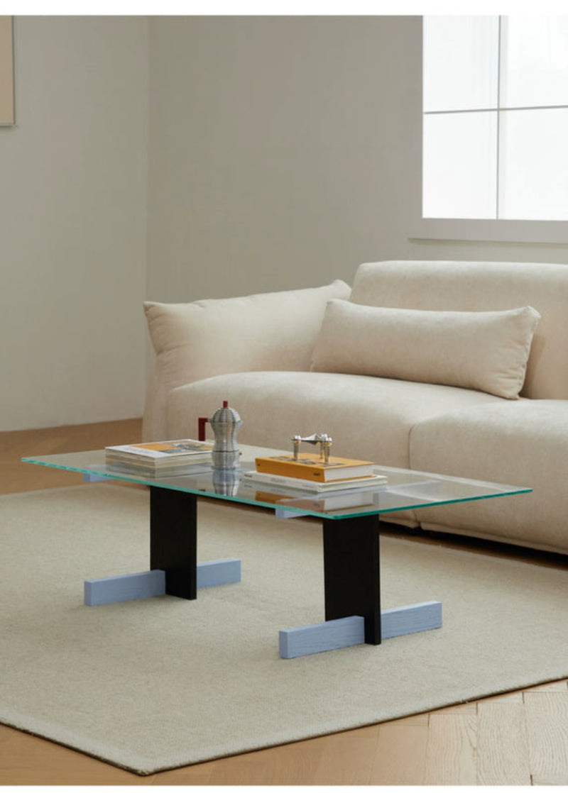Blue Black Solid Wood Transparent Glass Surface Coffee Table