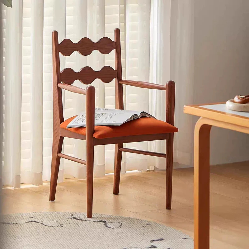 French retro solid wood dining chair home small apartment soft armrest single chair living room net celebrity medieval style backrest chair