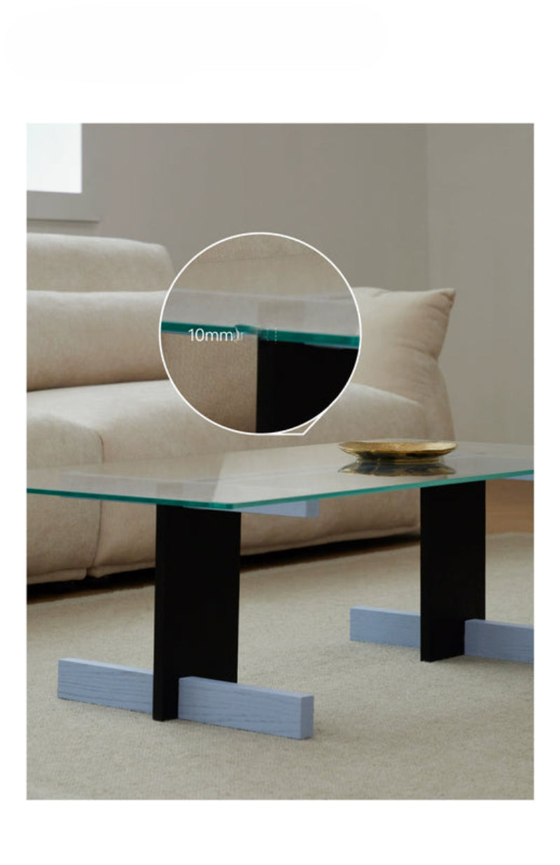 Blue Black Solid Wood Transparent Glass Surface Coffee Table