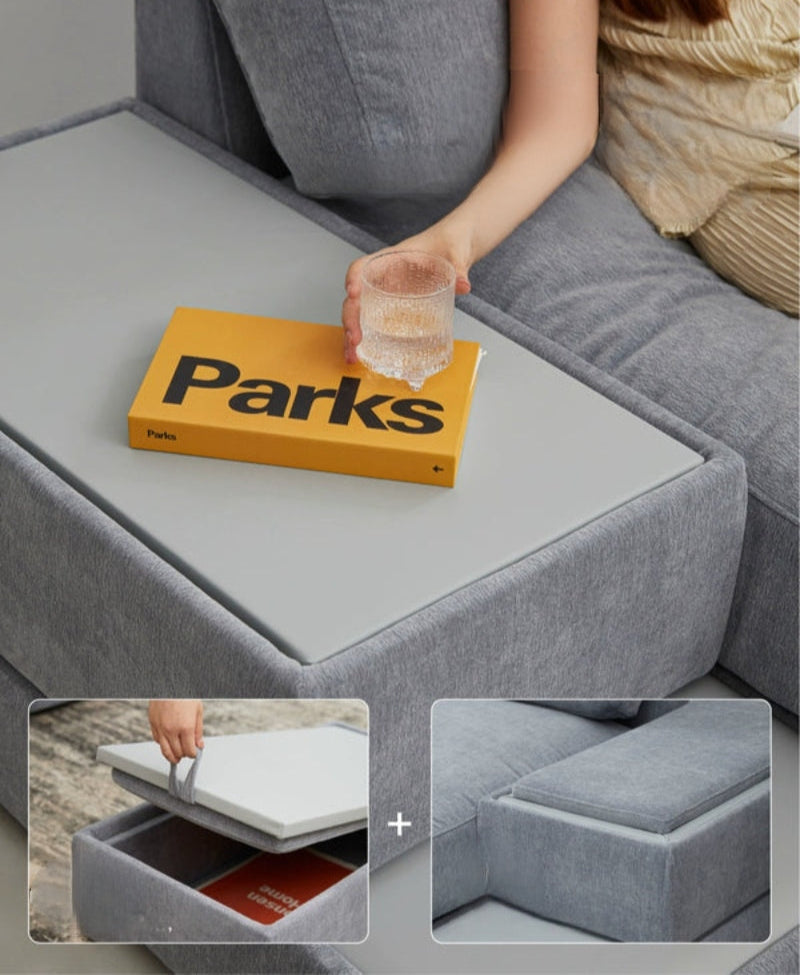 Home Furnishing Blue Fabric Chenille Module Living Room Straight Armrest Storage Box Tofu Block Supo Sofa
