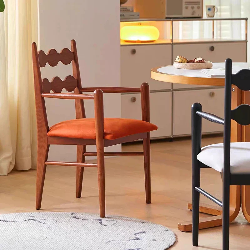 French retro solid wood dining chair home small apartment soft armrest single chair living room net celebrity medieval style backrest chair