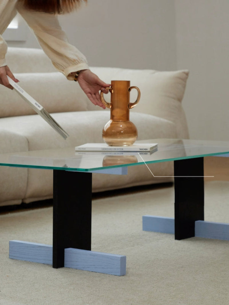 Blue Black Solid Wood Transparent Glass Surface Coffee Table