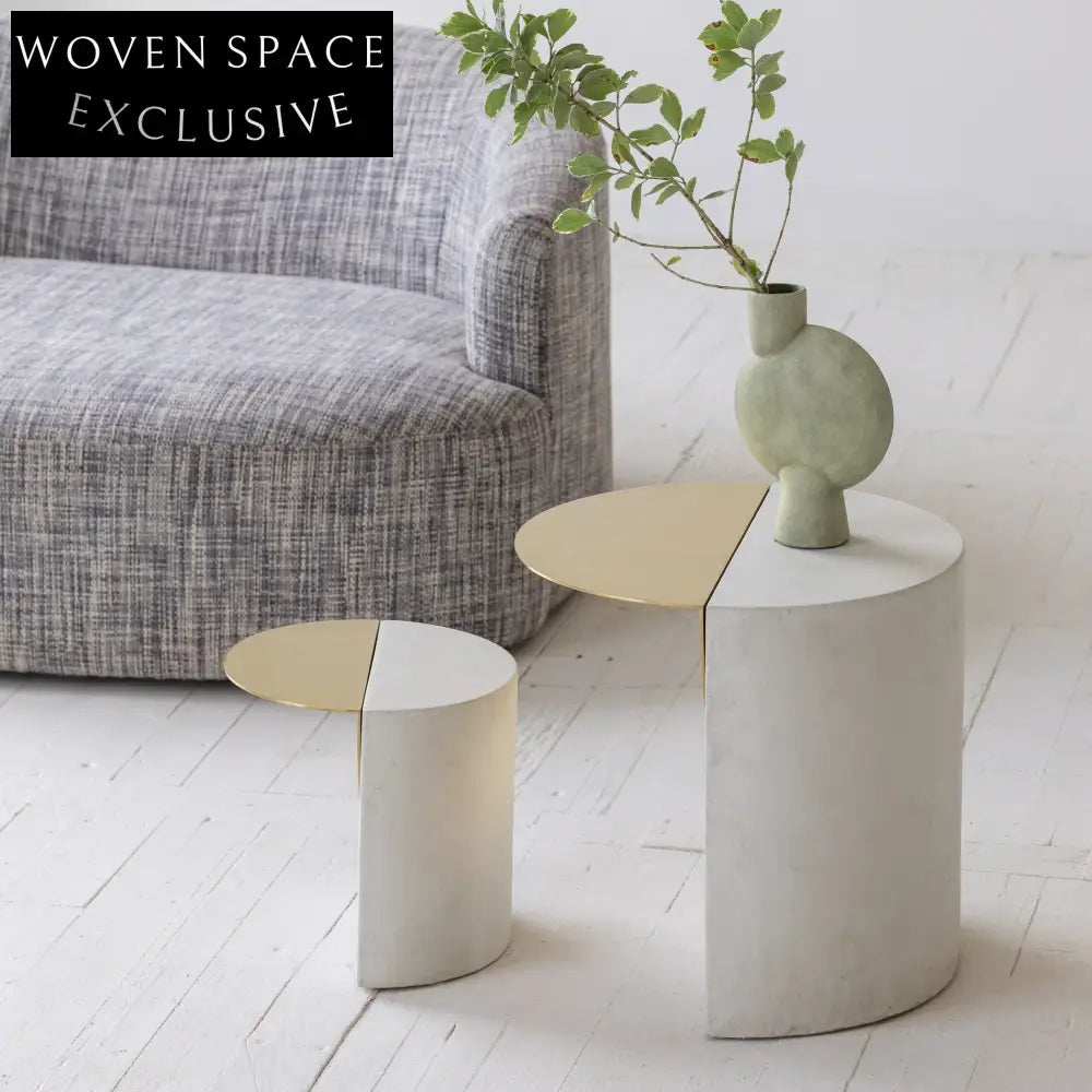 Chic Concrete & Gold Nesting Side Tables - Stackable Round Coffee Table Set