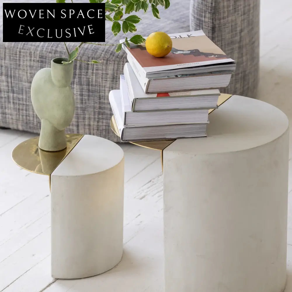 Chic Concrete & Gold Nesting Side Tables - Stackable Round Coffee Table Set