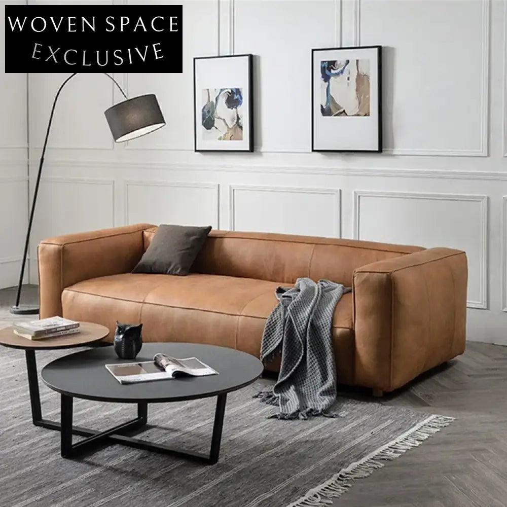 Industrial Leather Living Room Sofa, Retro Camel Brown Couch