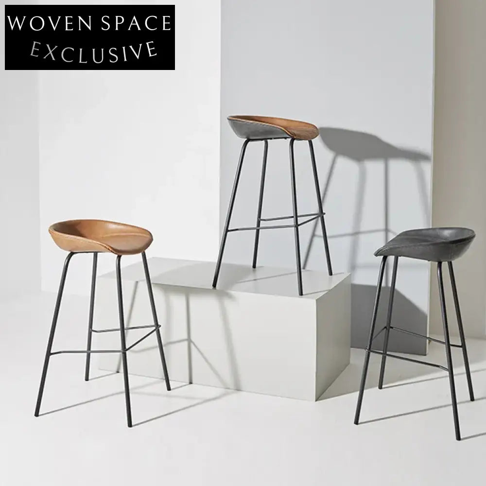 Industrial Retro Leather High Back Bar Stool with Sturdy Metal Frame