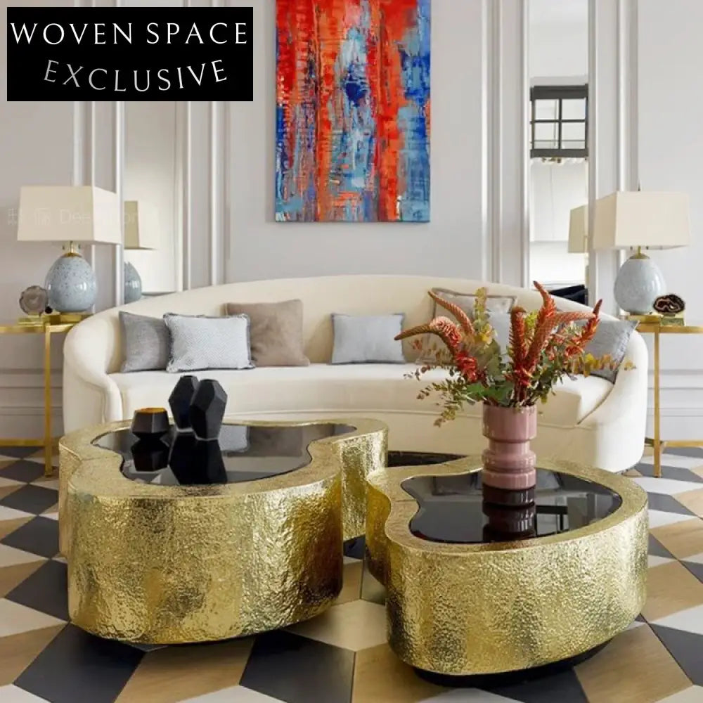 Irregular Golden Stainless Steel Glass Top Coffee Table Set
