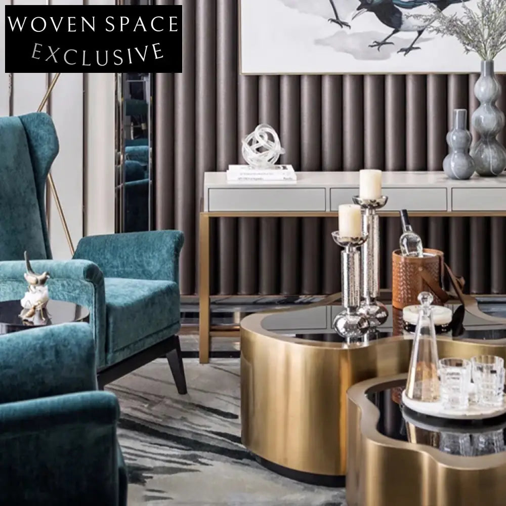 Irregular Golden Stainless Steel Glass Top Coffee Table Set