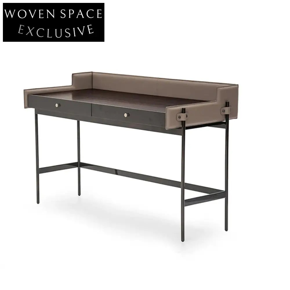 Italian Antique Leather Wooden Dressing Desk Table with Two Drawers