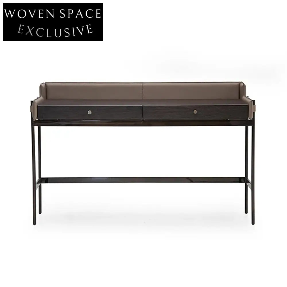 Italian Antique Leather Wooden Dressing Desk Table with Two Drawers