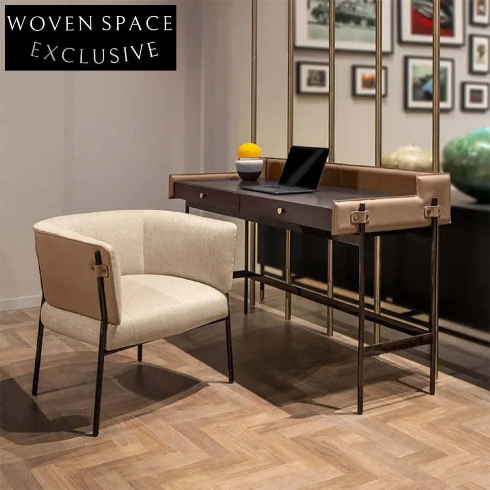 Italian Antique Leather Wooden Dressing Desk Table with Two Drawers