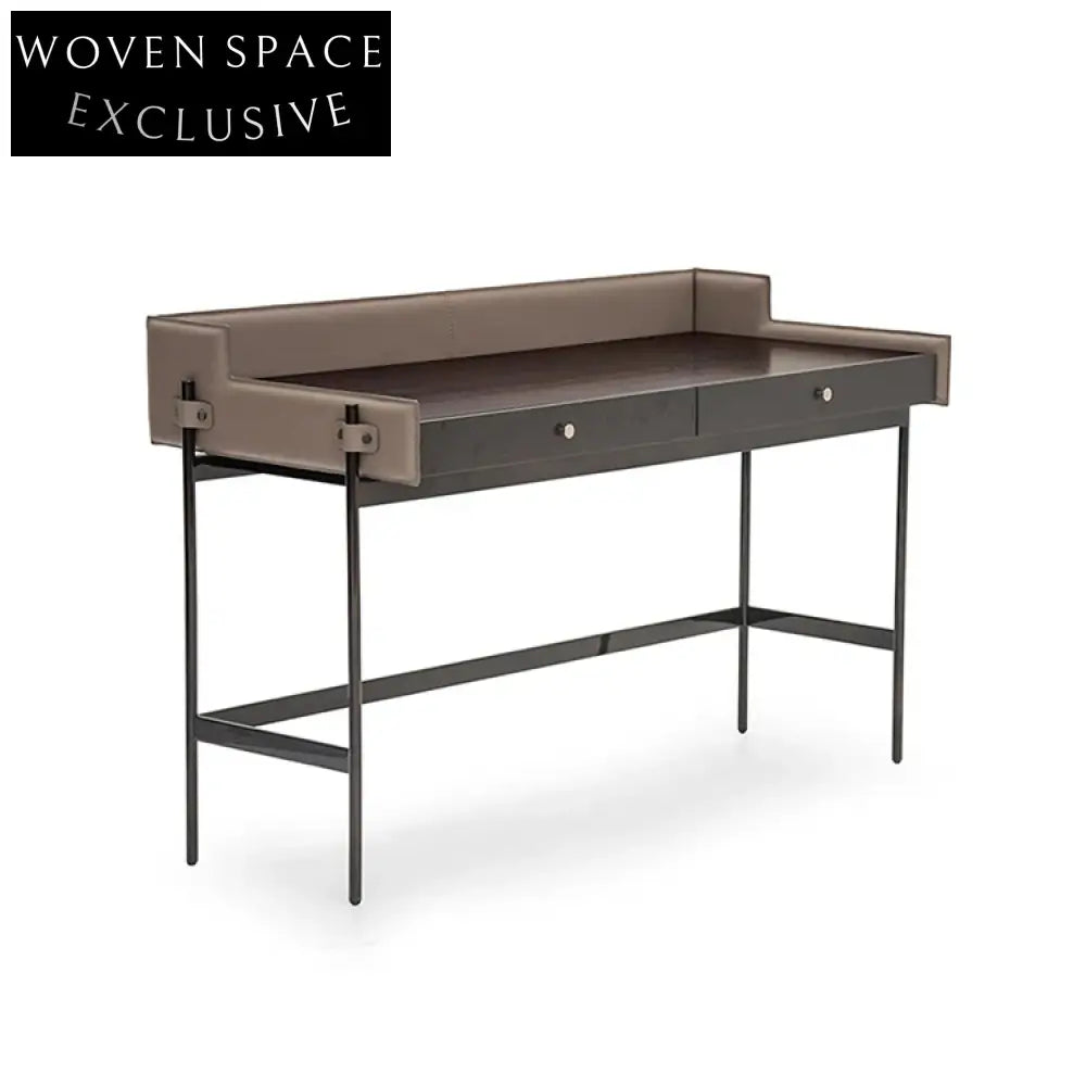 Italian Antique Leather Wooden Dressing Desk Table with Two Drawers