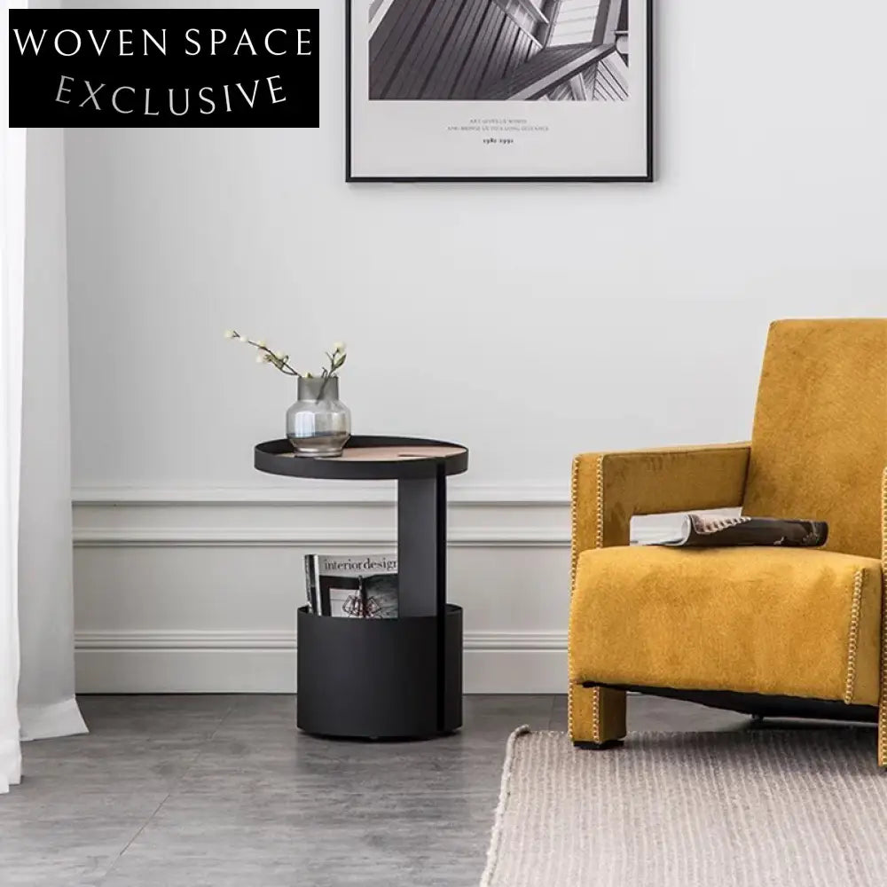 Italian Design Round Metal Sofa Side Table with Wooden Top for Living Room