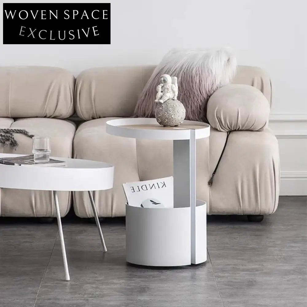 Italian Design Round Metal Sofa Side Table with Wooden Top for Living Room