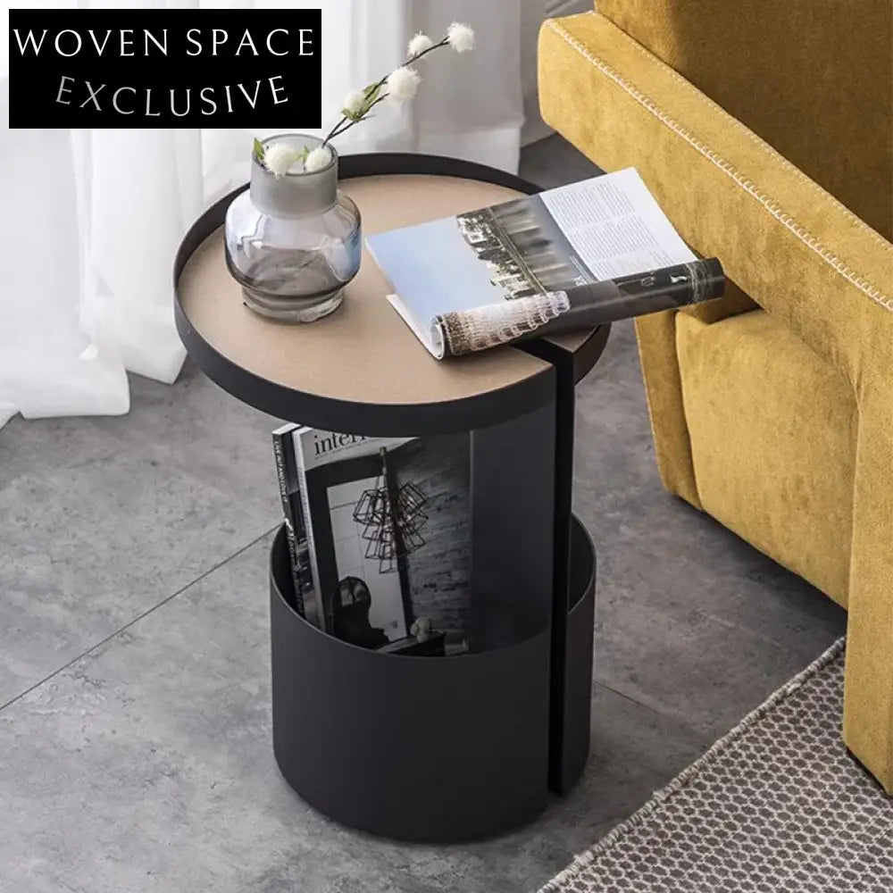 Italian Design Round Metal Sofa Side Table with Wooden Top for Living Room