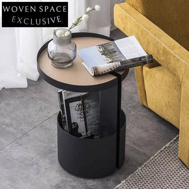 Italian Design Round Metal Sofa Side Table with Wooden Top for Living Room