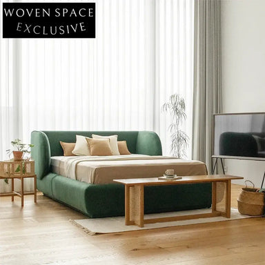 Italian Designed Solid Wood Plank Frame Plush Green Soft Double Bed