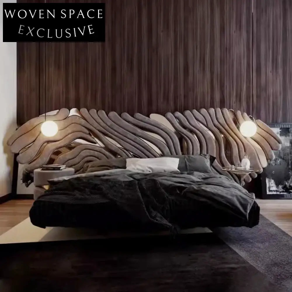 Italian Designer Luxury Velvet Fabric King Size Bedroom Soft Bed with Big Headboard Bed