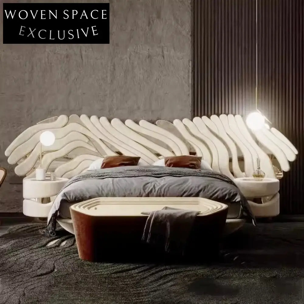 Italian Designer Luxury Velvet Fabric King Size Bedroom Soft Bed with Big Headboard Bed