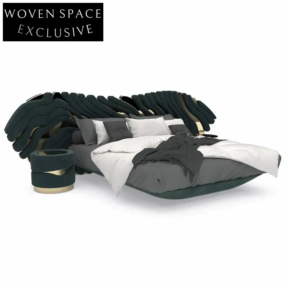 Italian Designer Luxury Velvet Fabric King Size Bedroom Soft Bed with Big Headboard Bed