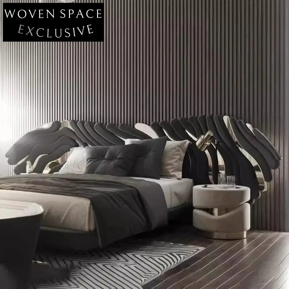 Italian Designer Luxury Velvet Fabric King Size Bedroom Soft Bed with Big Headboard Bed