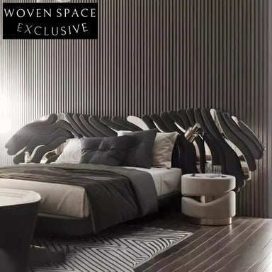 Italian Designer Luxury Velvet Fabric King Size Bedroom Soft Bed with Big Headboard Bed