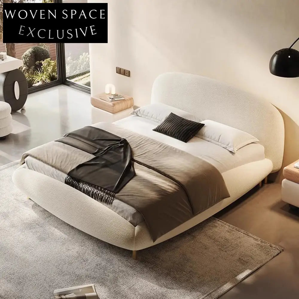 Italian Light Luxury Lambswool Fabric Upholstered Double King Size Bed