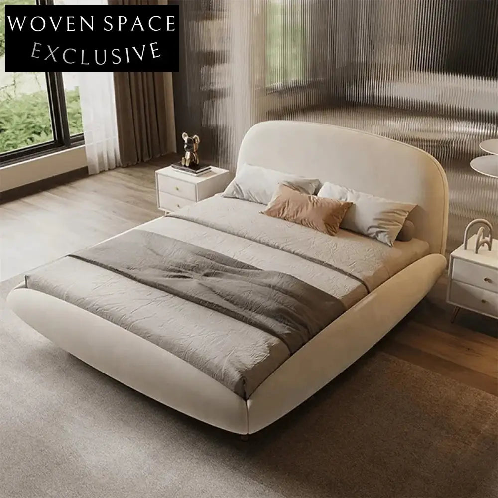 Italian Light Luxury Lambswool Fabric Upholstered Double King Size Bed