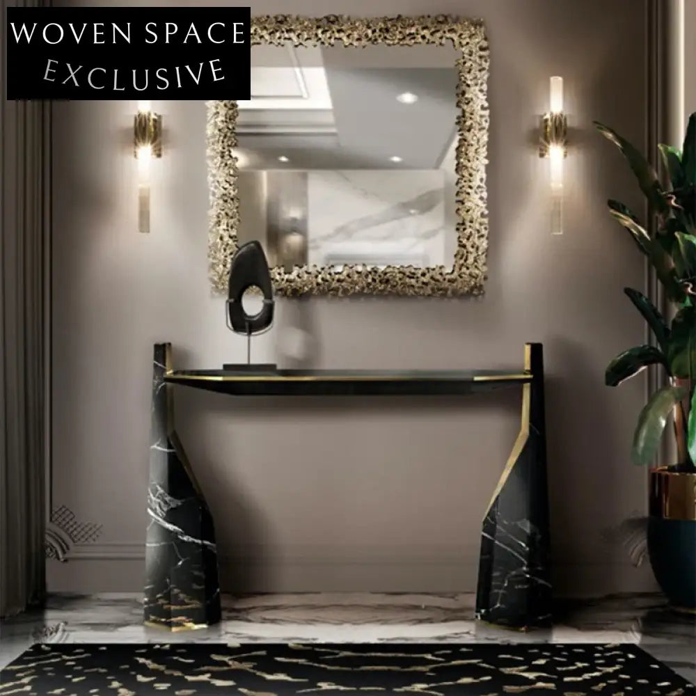 Italian Luxury Black Marble Texture Accent Console Table