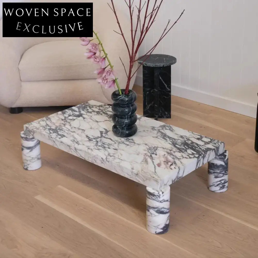 Italian Luxury Calacatta Viola Marble & Travertine Stone Living Room Coffee Table