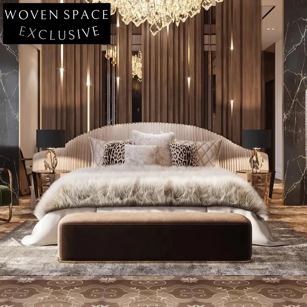 Italian Luxury King Size Frosted Fabric Pine Wood Bedroom Bed
