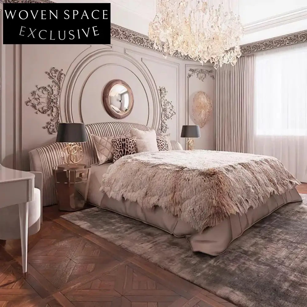 Italian Luxury King Size Pine Wood Bed with Frosted Fabric Upholstery