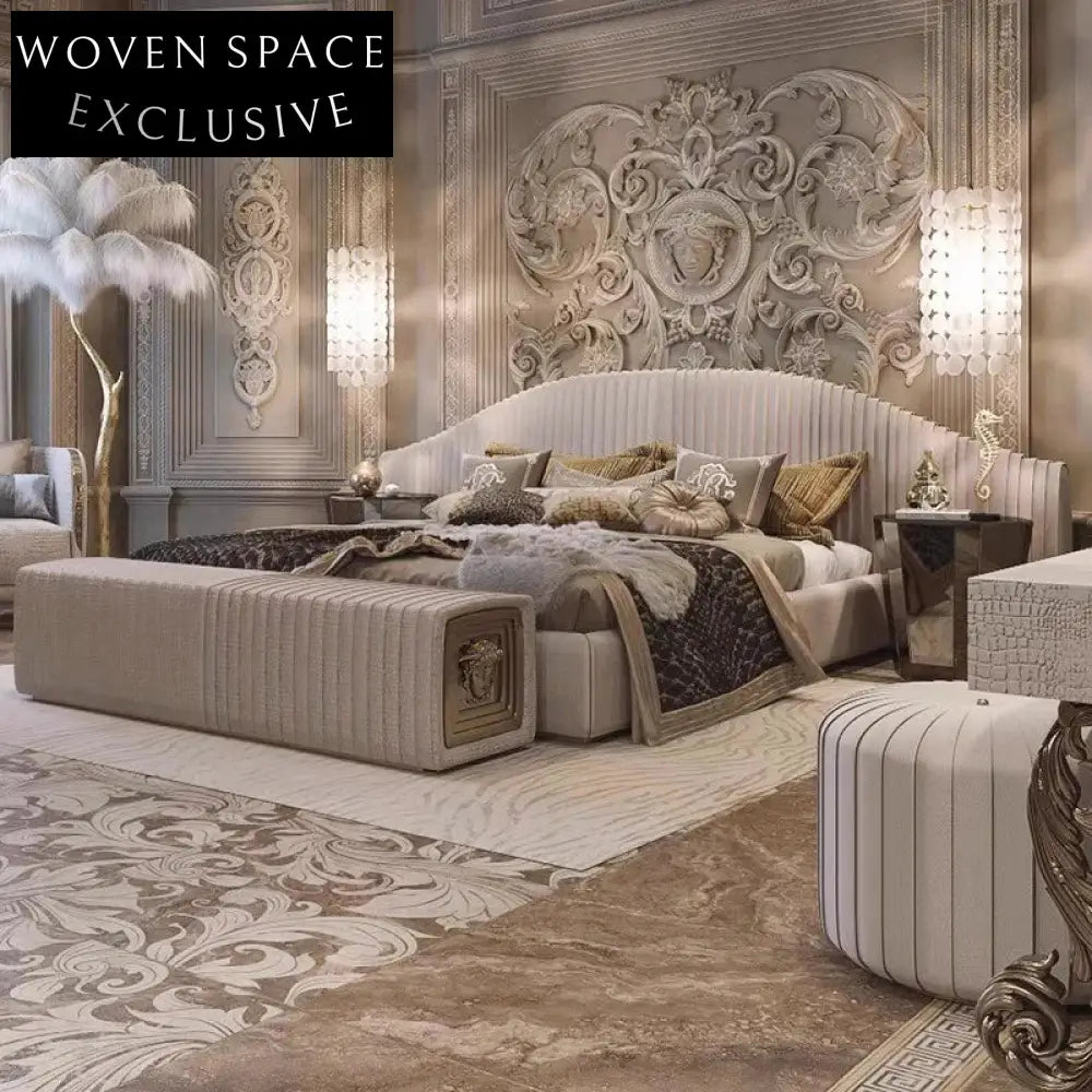 Italian Luxury King Size Pine Wood Bed with Frosted Fabric Upholstery