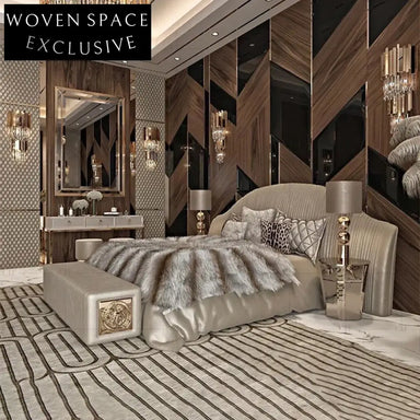 Italian Luxury King Size Pine Wood Bed with Frosted Fabric Upholstery