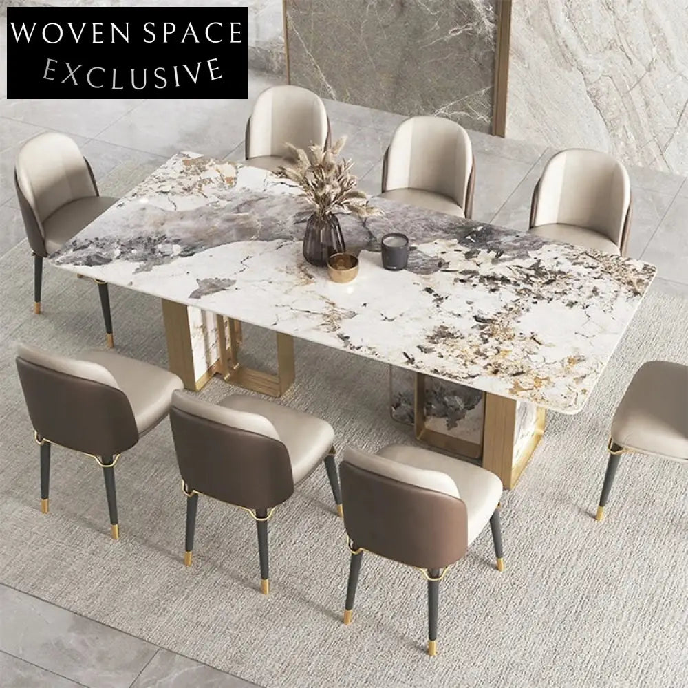 Italian Luxury Marble Dining Table Set with Golden Steel Base