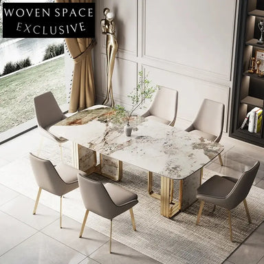 Italian Luxury Marble Dining Table Set with Golden Steel Base