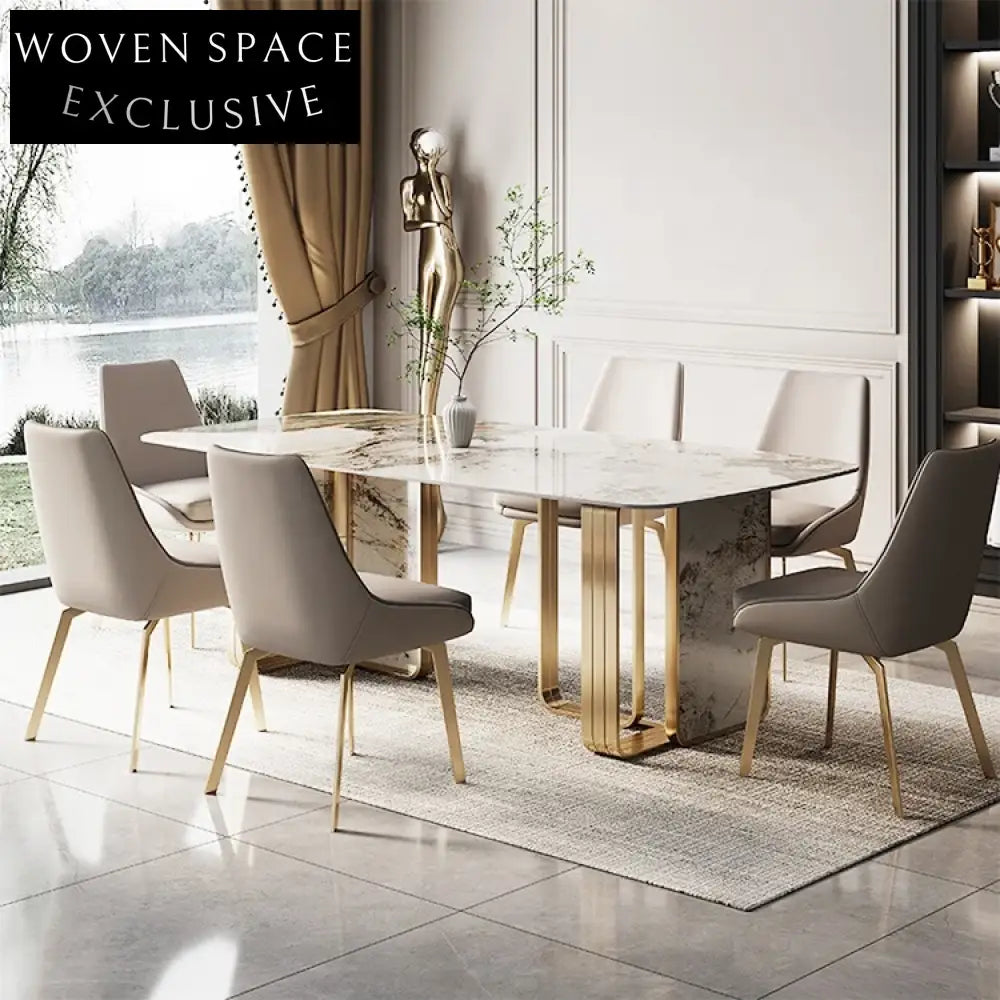 Italian Luxury Marble Dining Table Set with Golden Steel Base