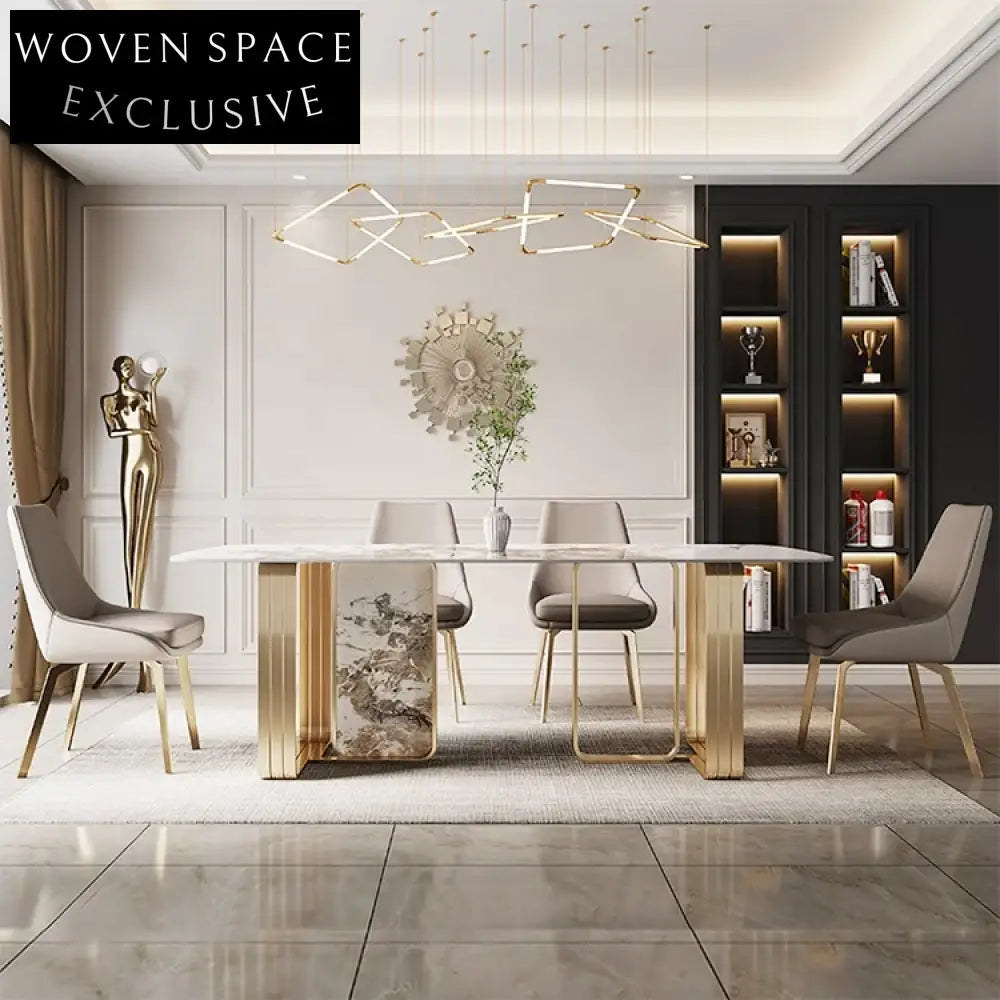 Italian Luxury Marble Dining Table Set with Golden Steel Base