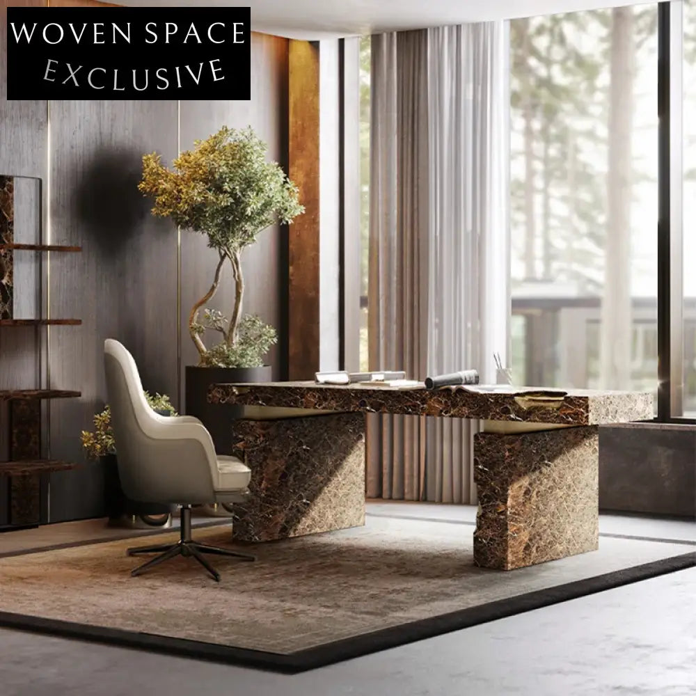 Italian Luxury Natural Marble Rectangular Home Office Desk with Gold Brass Accents