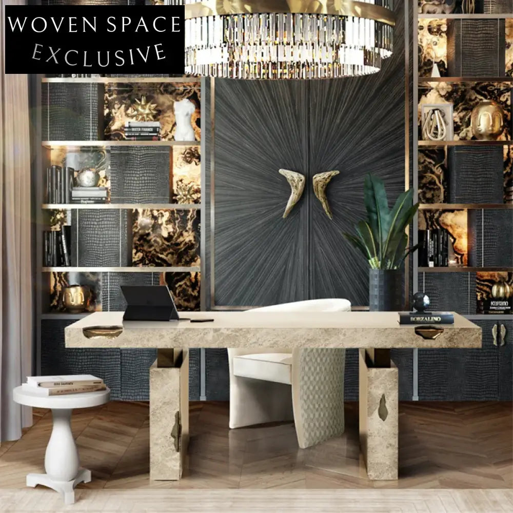 Italian Luxury Natural Marble Rectangular Home Office Desk with Gold Brass Accents