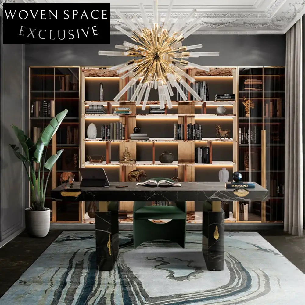 Italian Luxury Natural Marble Rectangular Home Office Desk with Gold Brass Accents