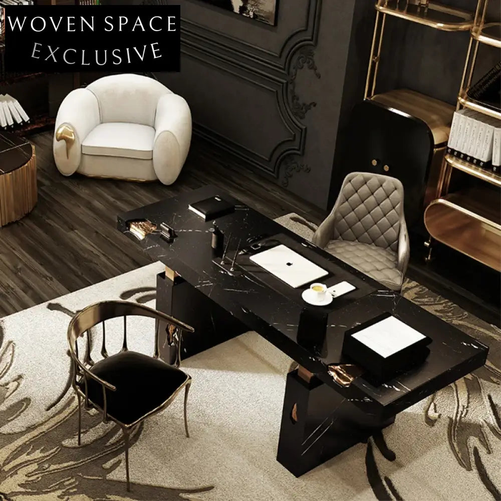 Italian Luxury Natural Marble Rectangular Home Office Desk with Gold Brass Accents