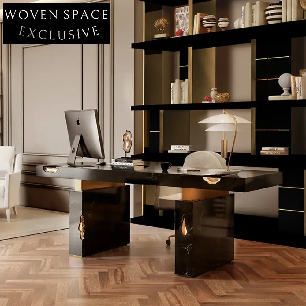 Italian Luxury Natural Marble Rectangular Home Office Desk with Gold Brass Accents