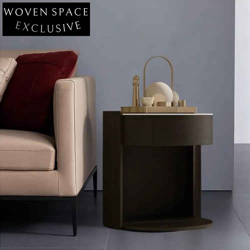 Italian Luxury Round Nightstand with Slate Top, Solid Wood Frame, Single Drawer