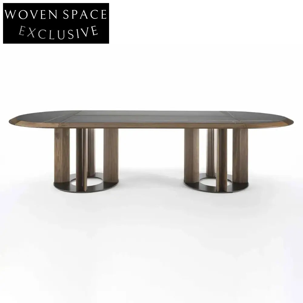 Italian Luxury Slate Top Dining Table, Black Walnut Wood Frame, Elegant Design