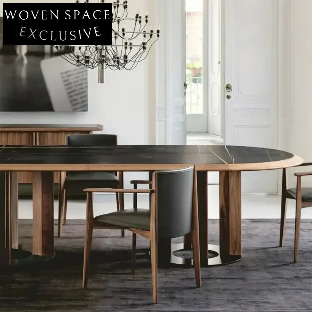 Italian Luxury Slate Top Dining Table, Black Walnut Wood Frame, Elegant Design