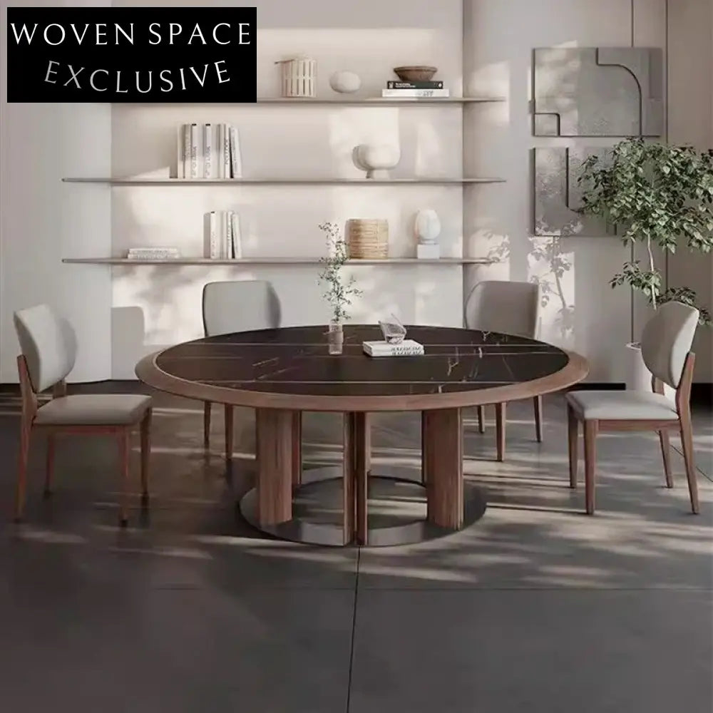 Italian Luxury Slate Top Dining Table, Black Walnut Wood Frame, Elegant Design