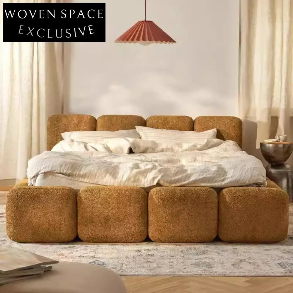 Italian Luxury Teddy Fabric Upholstered King Queen Size Modern Bed